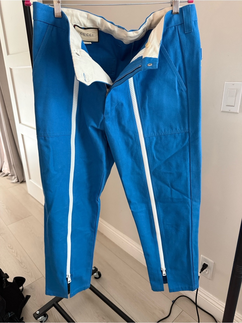 Gucci Men’s Bright Blue Cotton Chinos with White Zip Trim